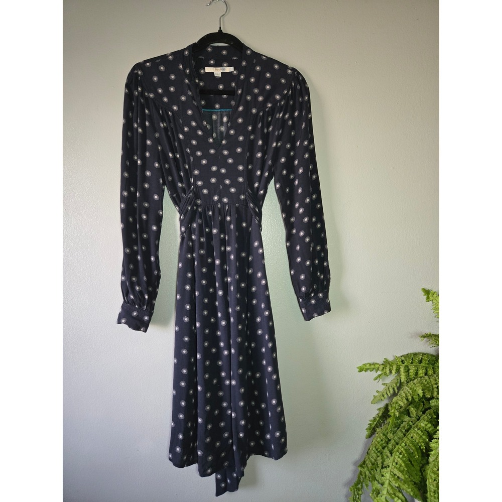 Boden Navy‎ Polka Dot Midi Dress Long Sleeve Fit & Flare Size 6 100% Viscose
